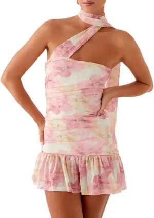 Women Strapless Mini Dress with Neck Scarf Y2k Ruffle Summer Backless Bodycon Short Tube Dresses