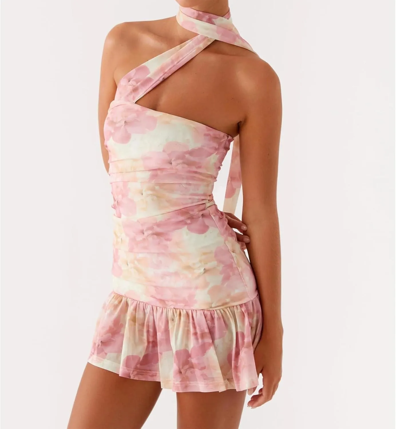Women Strapless Mini Dress with Neck Scarf Y2k Ruffle Summer Backless Bodycon Short Tube Dresses