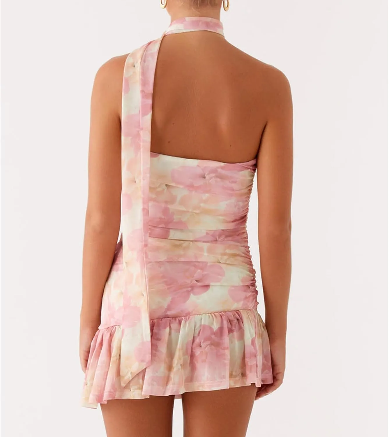 Women Strapless Mini Dress with Neck Scarf Y2k Ruffle Summer Backless Bodycon Short Tube Dresses