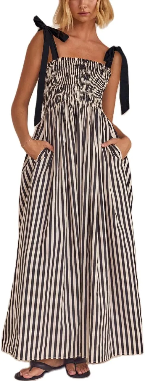 Women Summer Colorful Striped Maxi Cami Dress Spaghetti Strap Boho Long Flowy Sun Dresses A Line Beach Sundresses