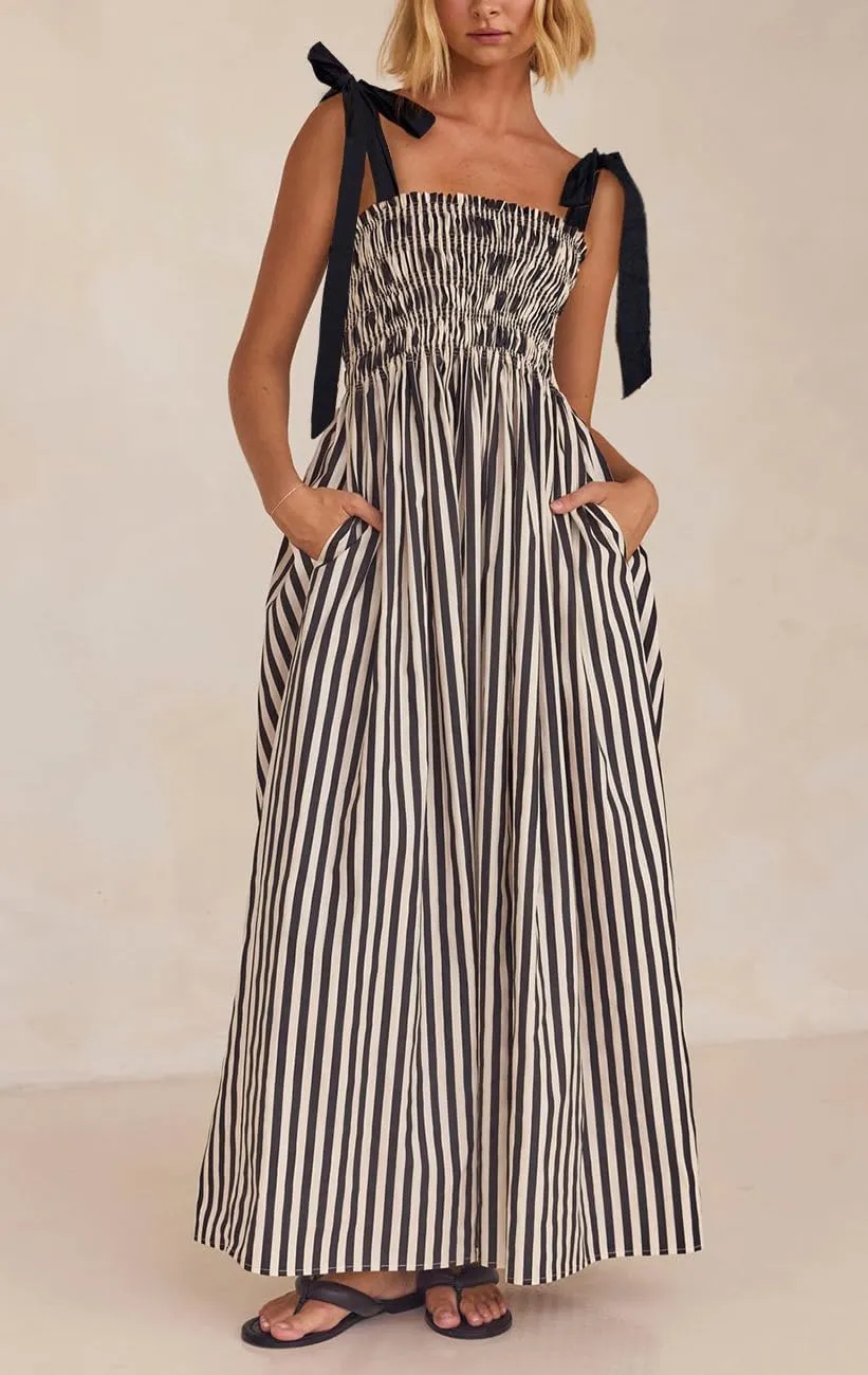 Women Summer Colorful Striped Maxi Cami Dress Spaghetti Strap Boho Long Flowy Sun Dresses A Line Beach Sundresses