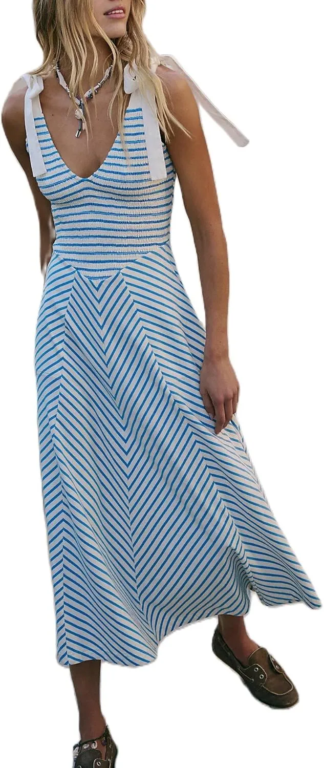 Women Summer Colorful Striped Maxi Cami Dress Spaghetti Strap Boho Long Flowy Sun Dresses A Line Beach Sundresses