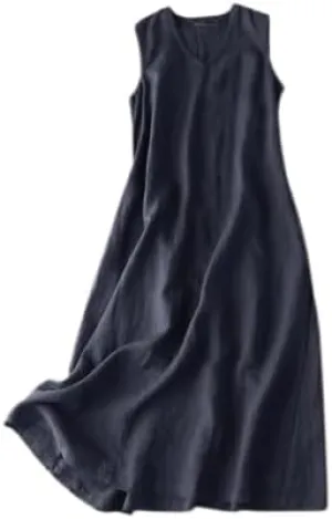 Women Summer Maxi Dress Cotton Linen V Neck Sleeveless Sun Dress Casual Vacation Flowy Beach Long Shift Tank Dress