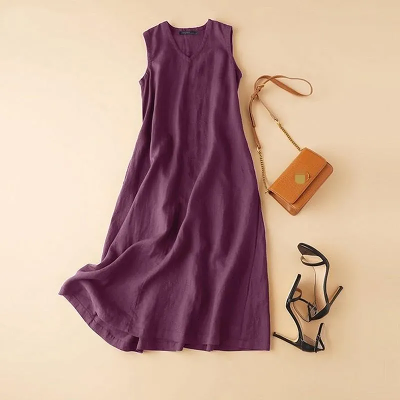 Women Summer Maxi Dress Cotton Linen V Neck Sleeveless Sun Dress Casual Vacation Flowy Beach Long Shift Tank Dress