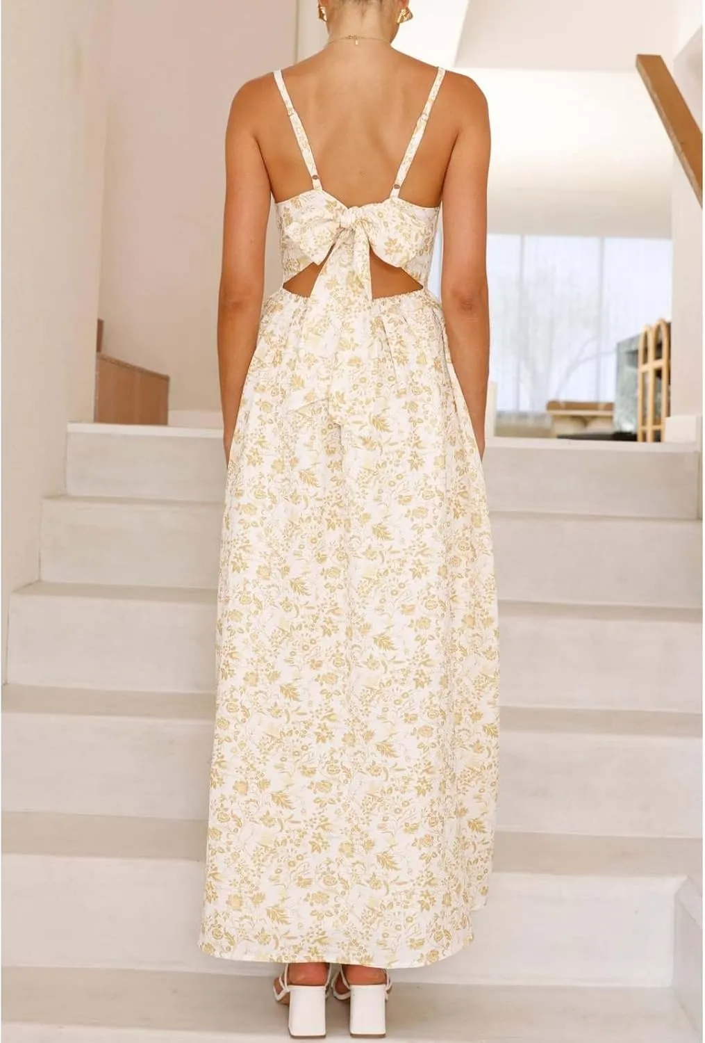 Women Tie Back Spaghetti Strap Summer Floral Maxi Dresses V Neck Boho Backless Bow Casual Flowy Beach Long Dress