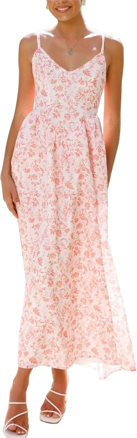 Women Tie Back Spaghetti Strap Summer Floral Maxi Dresses V Neck Boho Backless Bow Casual Flowy Beach Long Dress