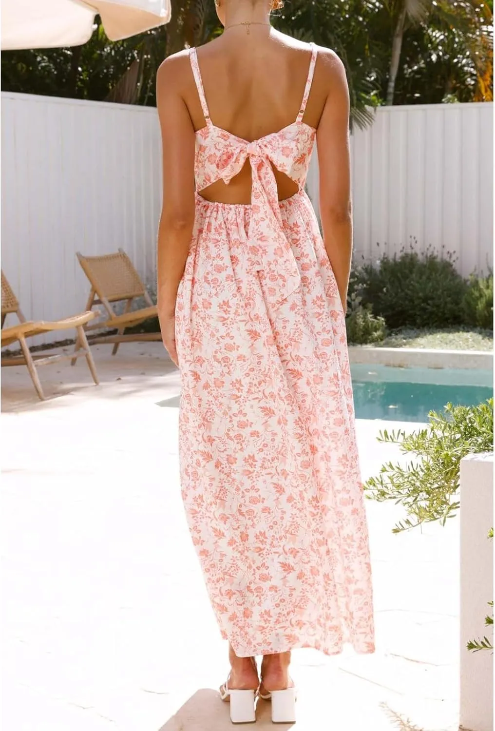 Women Tie Back Spaghetti Strap Summer Floral Maxi Dresses V Neck Boho Backless Bow Casual Flowy Beach Long Dress