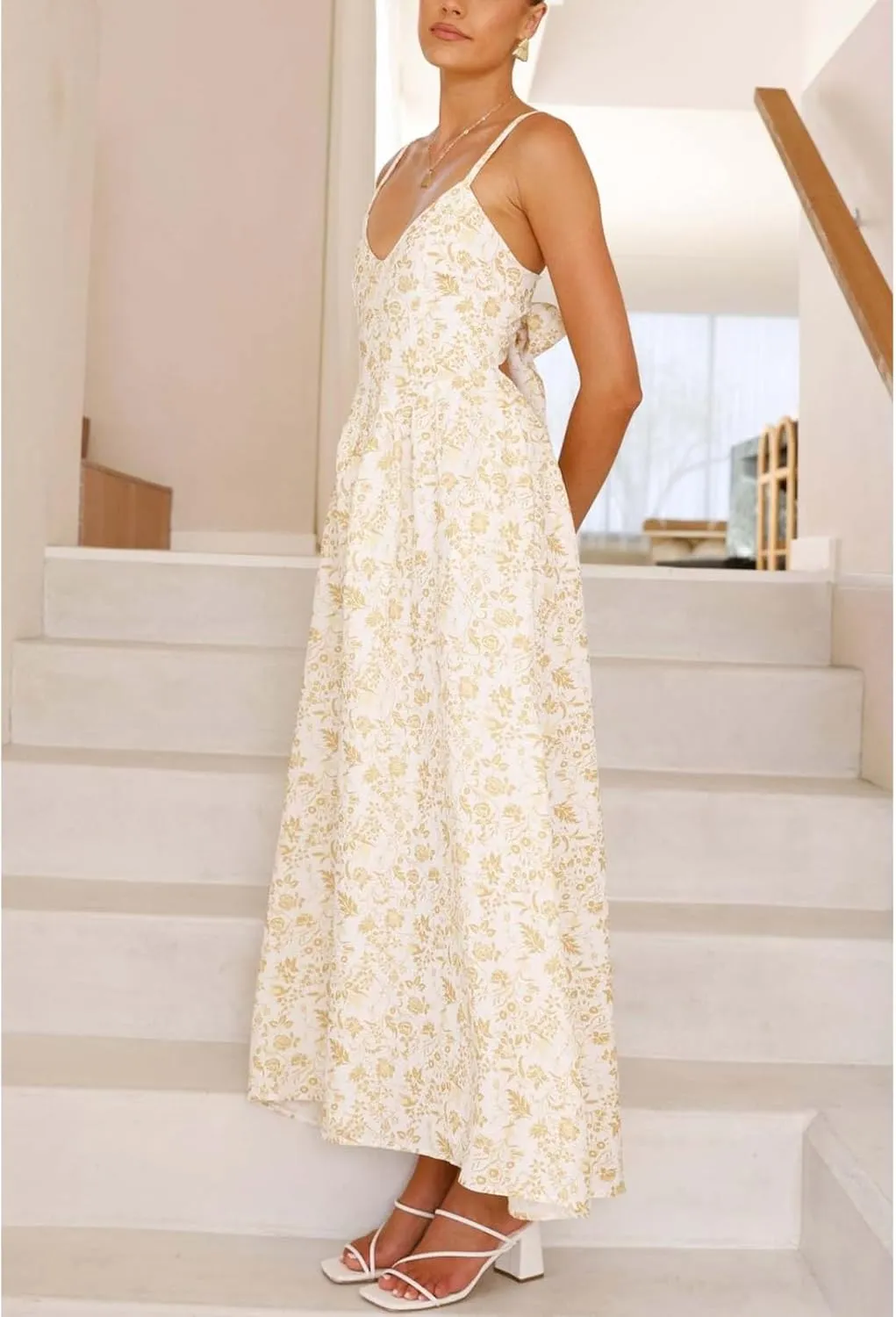 Women Tie Back Spaghetti Strap Summer Floral Maxi Dresses V Neck Boho Backless Bow Casual Flowy Beach Long Dress