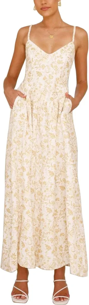 Women Tie Back Spaghetti Strap Summer Floral Maxi Dresses V Neck Boho Backless Bow Casual Flowy Beach Long Dress
