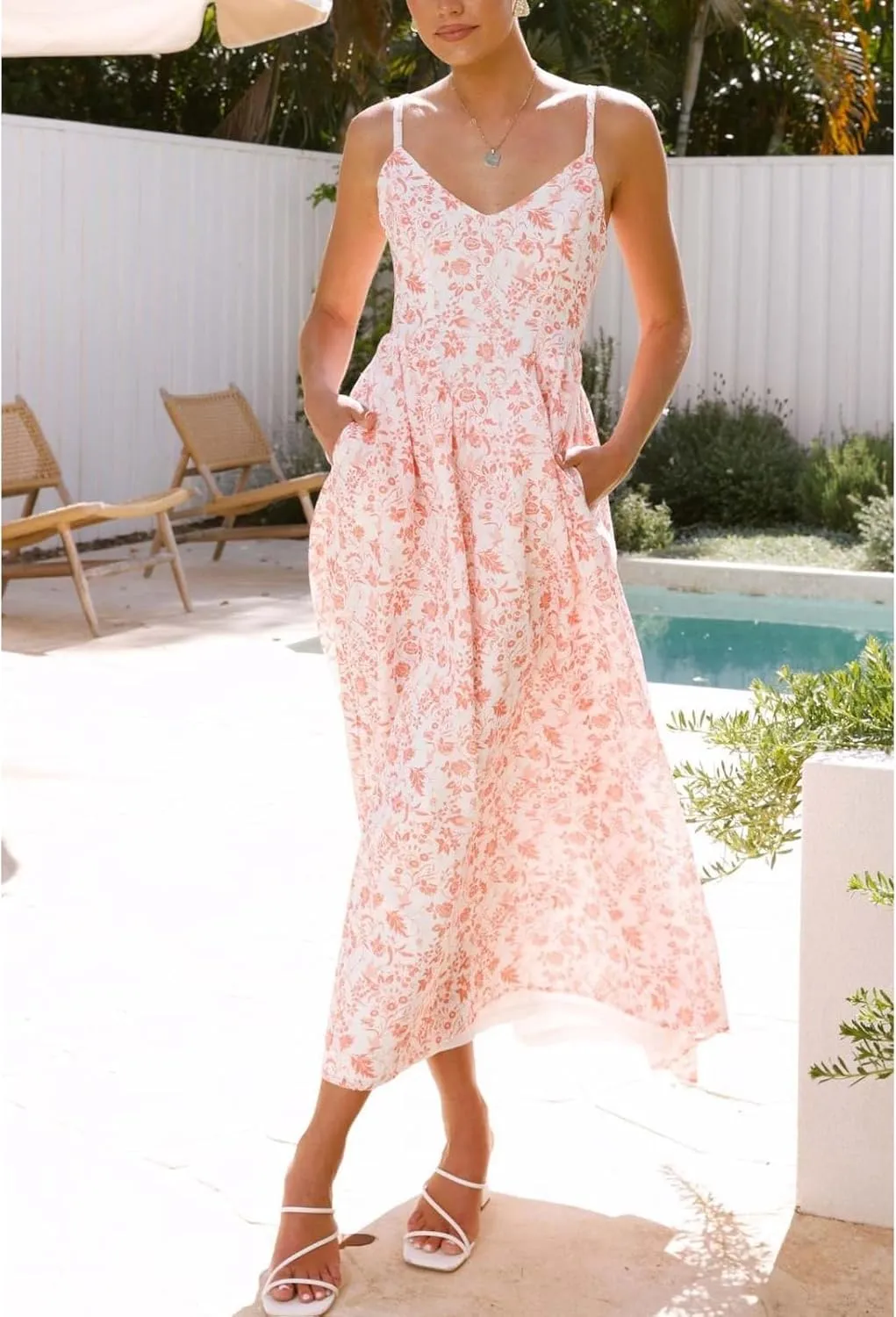 Women Tie Back Spaghetti Strap Summer Floral Maxi Dresses V Neck Boho Backless Bow Casual Flowy Beach Long Dress