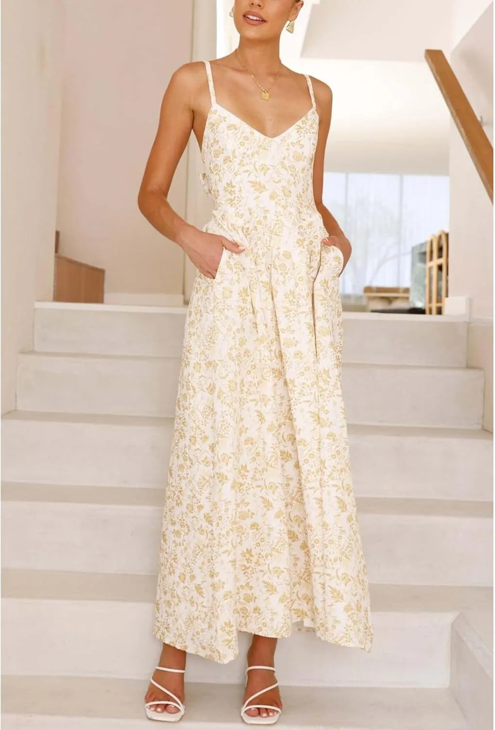 Women Tie Back Spaghetti Strap Summer Floral Maxi Dresses V Neck Boho Backless Bow Casual Flowy Beach Long Dress