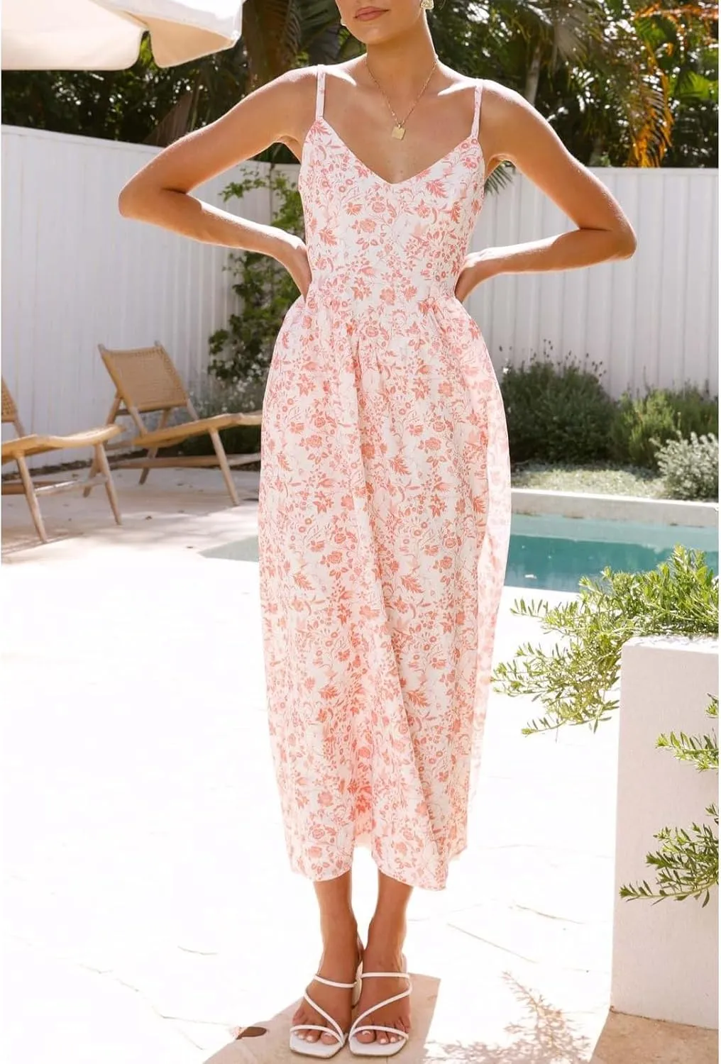 Women Tie Back Spaghetti Strap Summer Floral Maxi Dresses V Neck Boho Backless Bow Casual Flowy Beach Long Dress