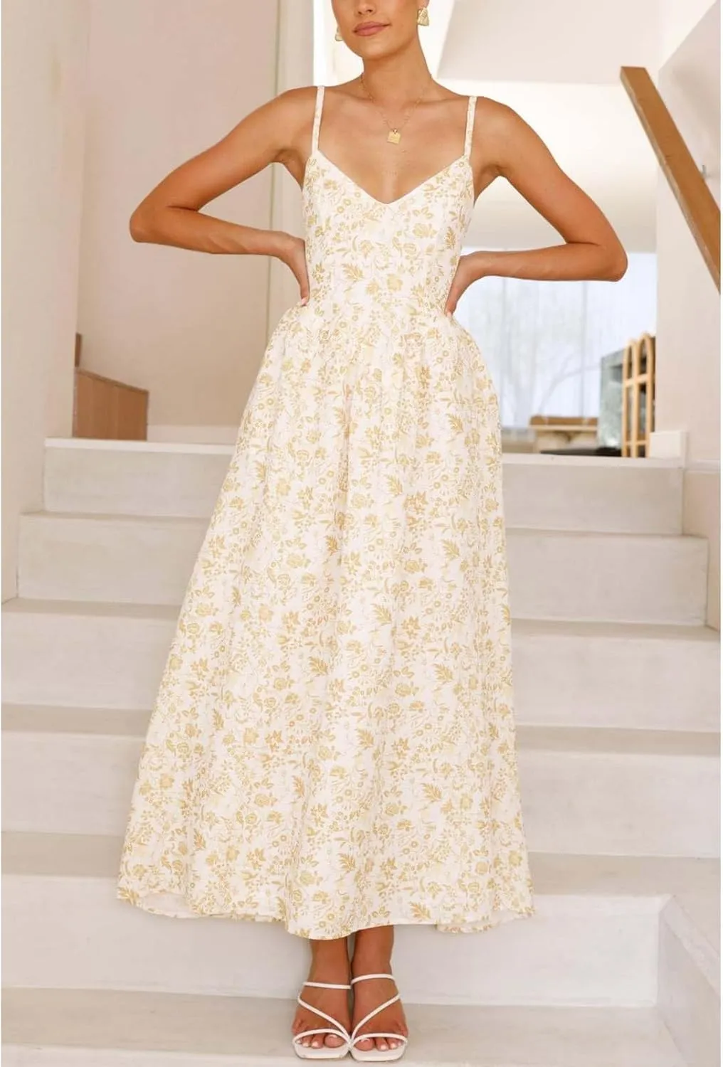 Women Tie Back Spaghetti Strap Summer Floral Maxi Dresses V Neck Boho Backless Bow Casual Flowy Beach Long Dress