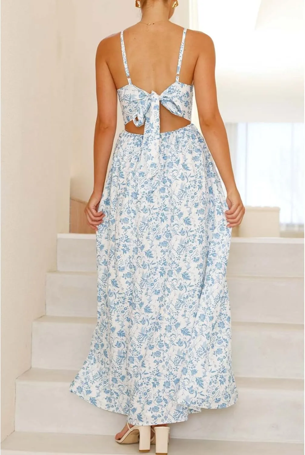 Women Tie Back Spaghetti Strap Summer Floral Maxi Dresses V Neck Boho Backless Bow Casual Flowy Beach Long Dress