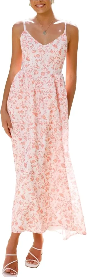 Women Tie Back Spaghetti Strap Summer Floral Maxi Dresses V Neck Boho Backless Bow Casual Flowy Beach Long Dress