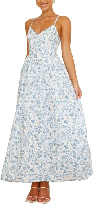 Women Tie Back Spaghetti Strap Summer Floral Maxi Dresses V Neck Boho Backless Bow Casual Flowy Beach Long Dress