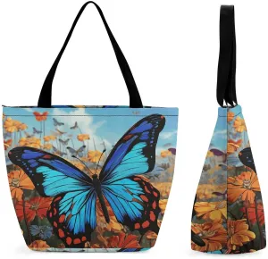 Women Tote Bags with Handles Big Butterfly Shoulder Bag with Zipper Handbags Shopping Bags Travel Bag Beach Bag Reusable Grocery Bag for Swim Holiday Gift