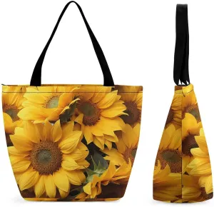 Women Tote Bags with Handles Many Sunflowers Shoulder Bag with Zipper Handbags Shopping Bags Travel Bag Beach Bag Reusable Grocery Bag for Swim Holiday Gift