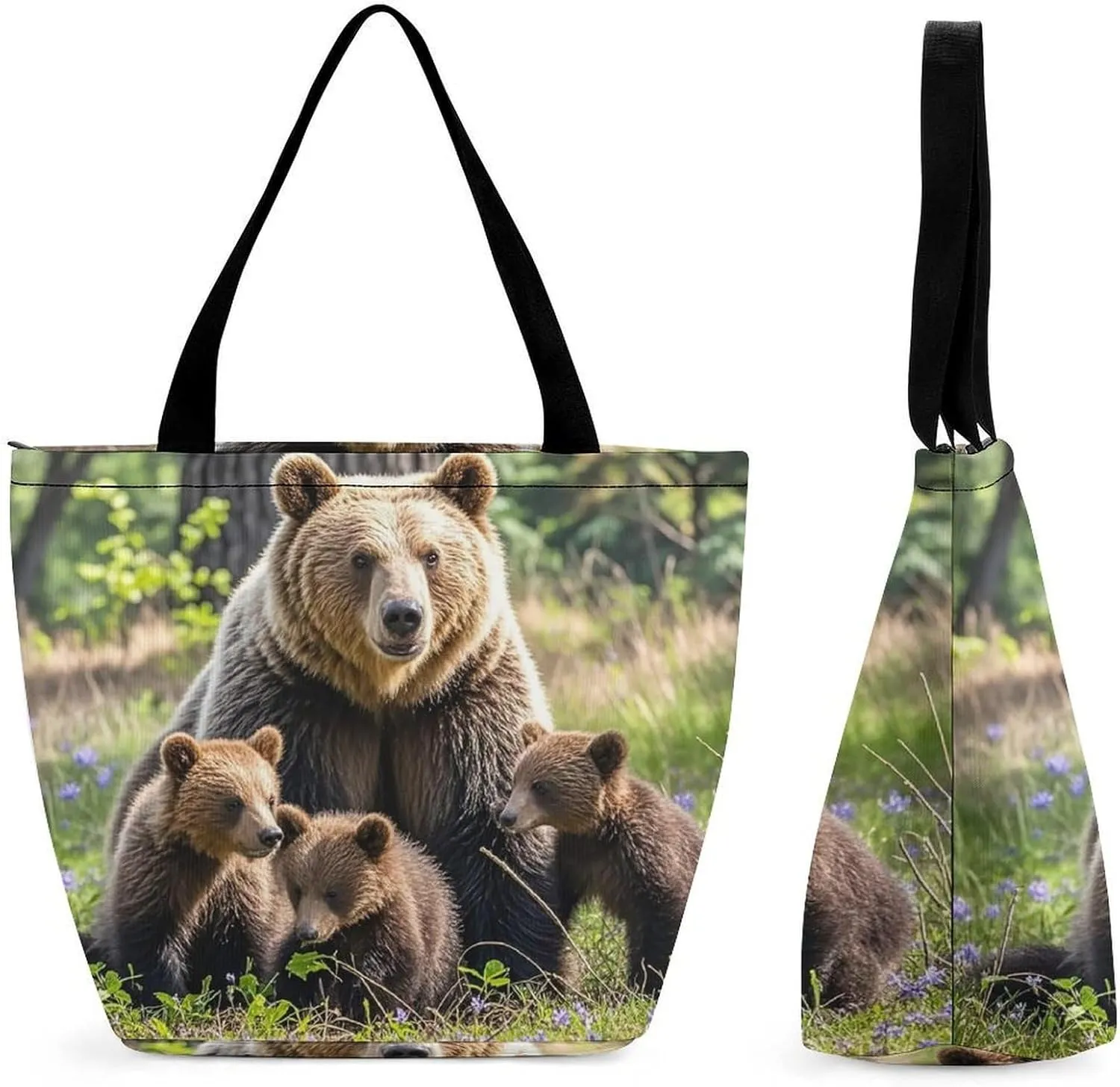 Women Tote Bags with Handles Mother Bear And Her Cubs Shoulder Bag with Zipper Handbags Shopping Bags Travel Bag Beach Bag Reusable Grocery Bag for Swim Holiday Gift