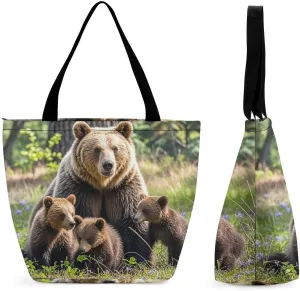 Women Tote Bags with Handles Mother Bear And Her Cubs Shoulder Bag with Zipper Handbags Shopping Bags Travel Bag Beach Bag Reusable Grocery Bag for Swim Holiday Gift