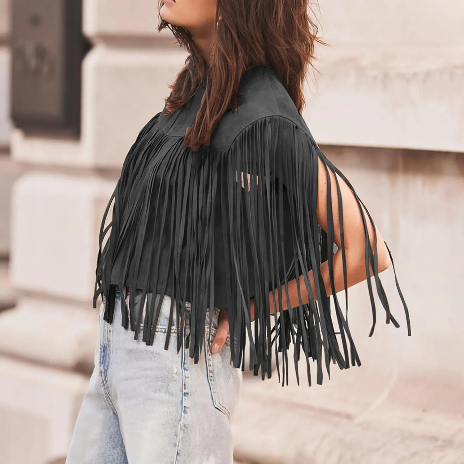 Women Trendy Tassel Cardigan Jackets Faux Suede Leather Fringe Vest Sleeveless Cropped Biker Motorcycle Coats