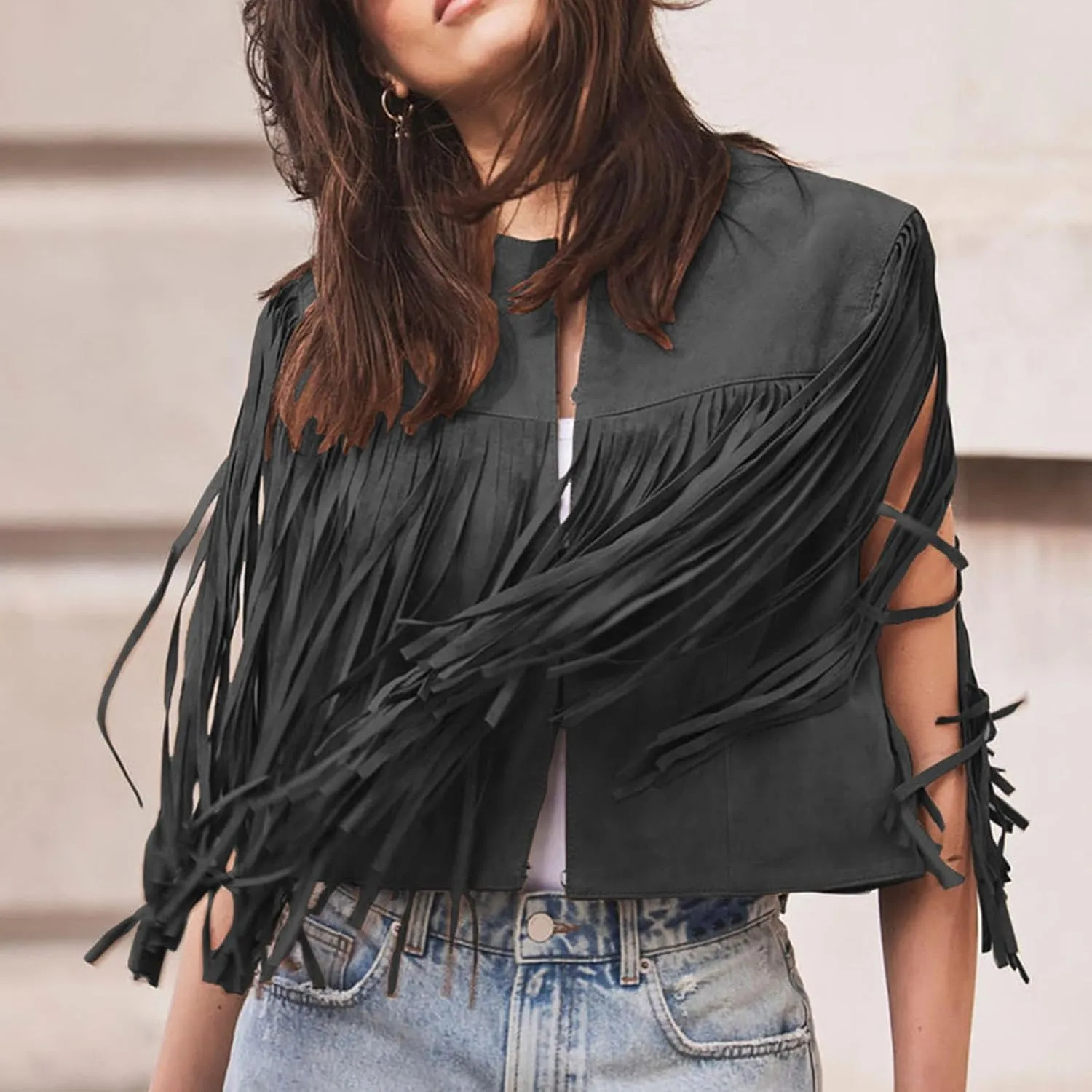 Women Trendy Tassel Cardigan Jackets Faux Suede Leather Fringe Vest Sleeveless Cropped Biker Motorcycle Coats