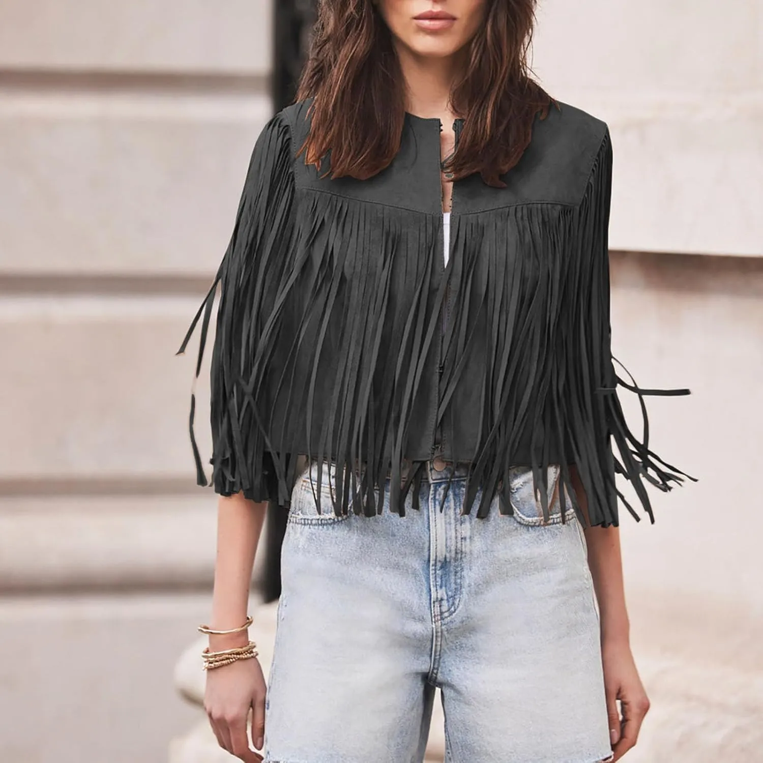 Women Trendy Tassel Cardigan Jackets Faux Suede Leather Fringe Vest Sleeveless Cropped Biker Motorcycle Coats