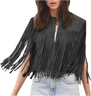 Women Trendy Tassel Cardigan Jackets Faux Suede Leather Fringe Vest Sleeveless Cropped Biker Motorcycle Coats