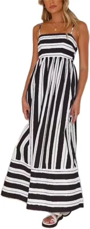 Women Y2k Striped Maxi Dress Flowy Cut Out Backless Corset Spaghetti Strap Boho Long Midi Dress Milkmaid Sundress