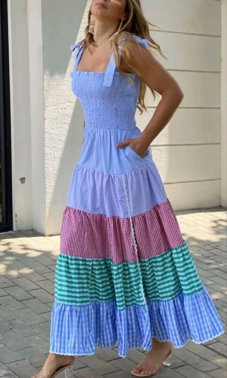 Women Y2k Striped Maxi Dress Flowy Cut Out Backless Corset Spaghetti Strap Boho Long Midi Dress Milkmaid Sundress
