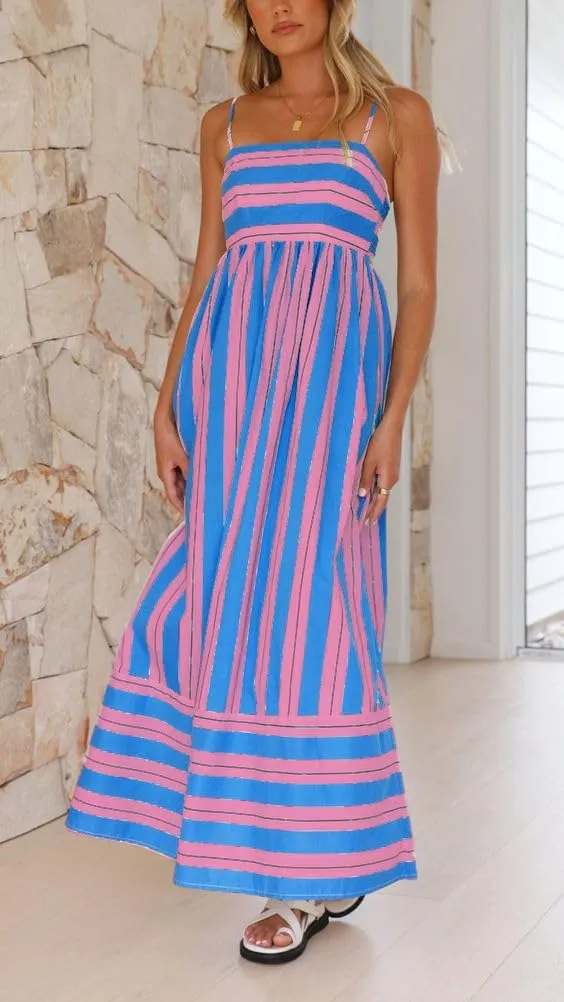 Women Y2k Striped Maxi Dress Flowy Cut Out Backless Corset Spaghetti Strap Boho Long Midi Dress Milkmaid Sundress