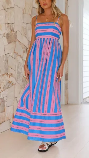 Women Y2k Striped Maxi Dress Flowy Cut Out Backless Corset Spaghetti Strap Boho Long Midi Dress Milkmaid Sundress