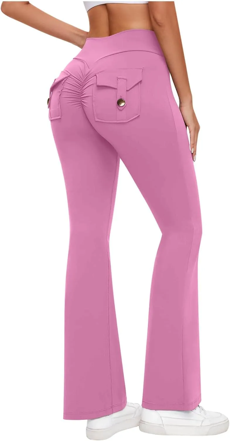 Women Yoga Cargo Pants Stretch Flare Leg Pants Elastic High Waisted Pants Dressy Casual Pants Athletic Workout Pants