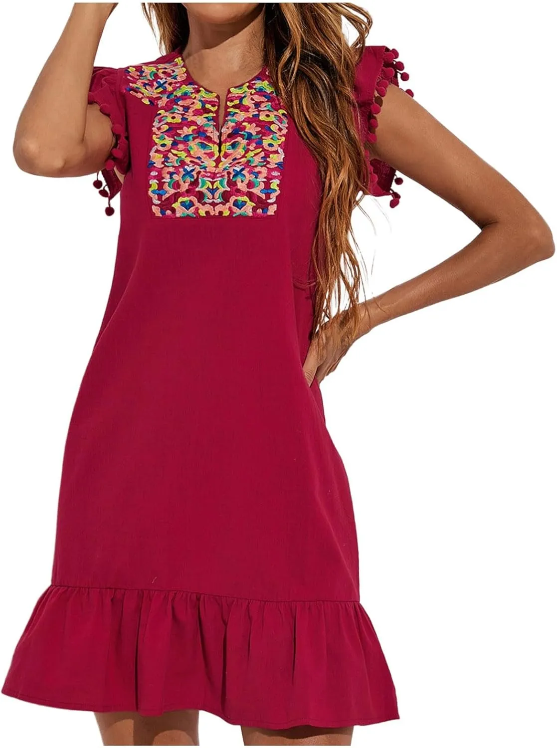 Women's 2024 Summer Mini Dress Casual V Neck Floral Embroidered Ruffle Sleeveless Shift Dress Flowy Boho Dress