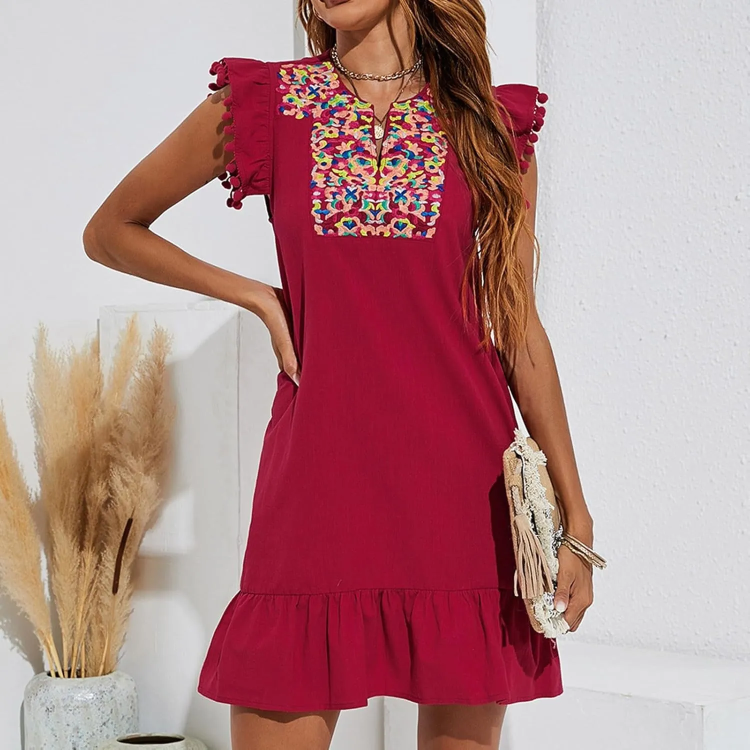 Women's 2024 Summer Mini Dress Casual V Neck Floral Embroidered Ruffle Sleeveless Shift Dress Flowy Boho Dress