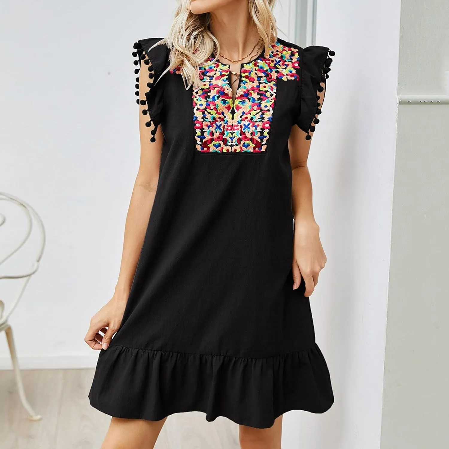 Women's 2024 Summer Mini Dress Casual V Neck Floral Embroidered Ruffle Sleeveless Shift Dress Flowy Boho Dress