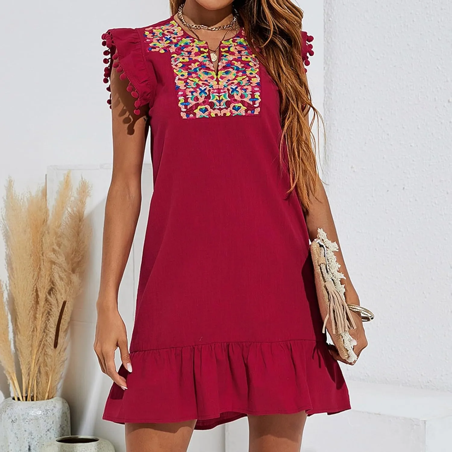 Women's 2024 Summer Mini Dress Casual V Neck Floral Embroidered Ruffle Sleeveless Shift Dress Flowy Boho Dress