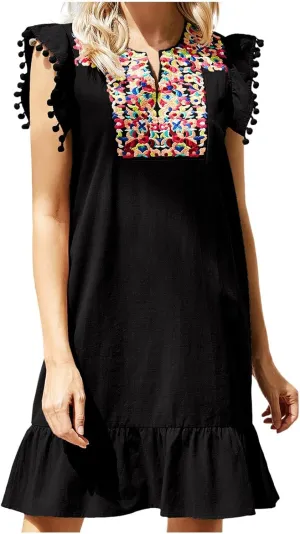 Women's 2024 Summer Mini Dress Casual V Neck Floral Embroidered Ruffle Sleeveless Shift Dress Flowy Boho Dress