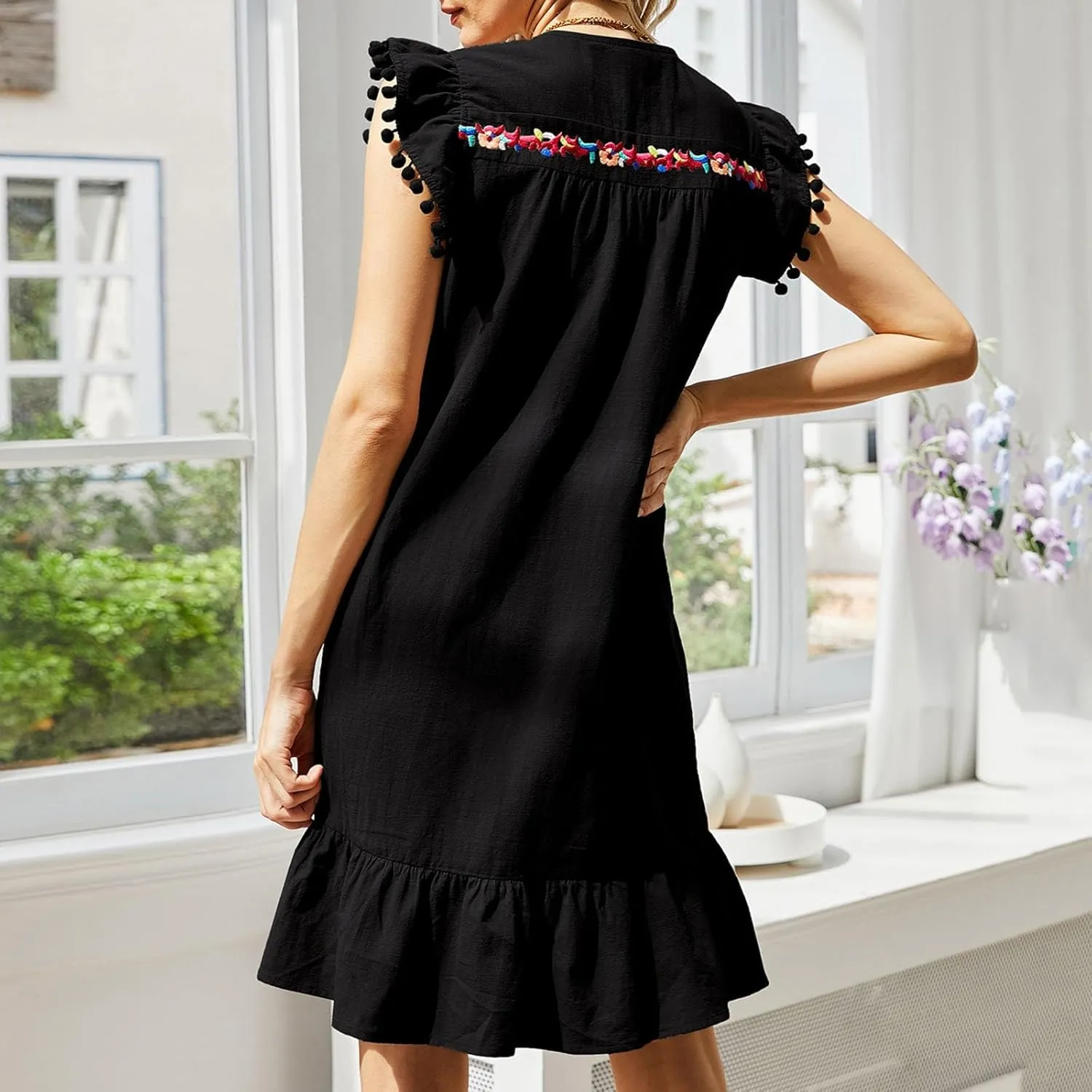 Women's 2024 Summer Mini Dress Casual V Neck Floral Embroidered Ruffle Sleeveless Shift Dress Flowy Boho Dress