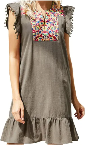 Women's 2024 Summer Mini Dress Casual V Neck Floral Embroidered Ruffle Sleeveless Shift Dress Flowy Boho Dress