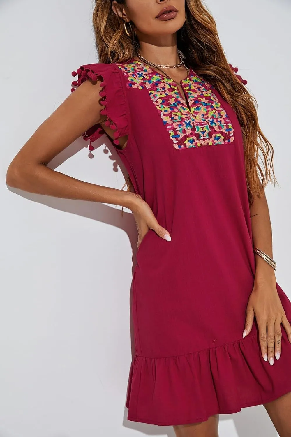 Women's 2024 Summer Mini Dress Casual V Neck Floral Embroidered Ruffle Sleeveless Shift Dress Flowy Boho Dress