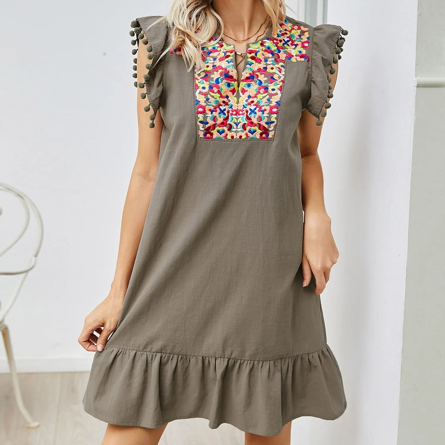 Women's 2024 Summer Mini Dress Casual V Neck Floral Embroidered Ruffle Sleeveless Shift Dress Flowy Boho Dress