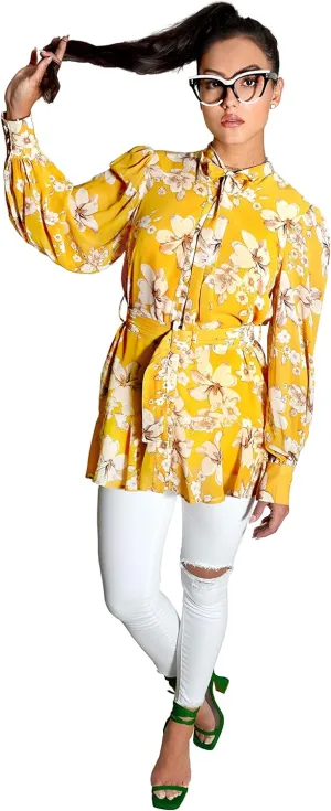 Women's 3-in-1 Long Sleeve Button Dress Top Kimono Floral Mini Cocktail Party Ruffle Hem with Belt