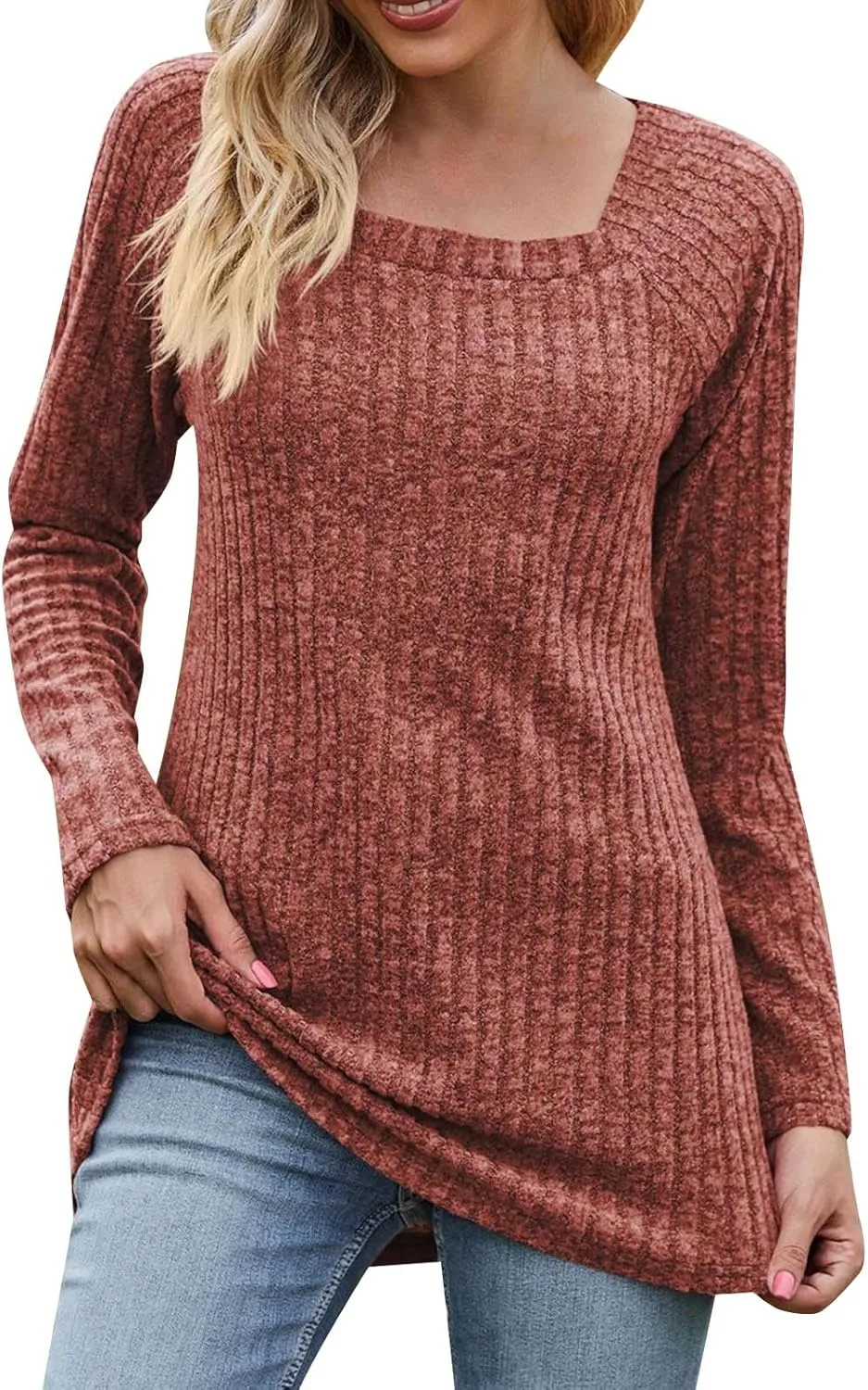 Womens Autumn Sweaters Solid Color Fashion Square Neck Long Sleeve Ribbed Knit Pullover Tops Loose Outdoor Sweatshirts