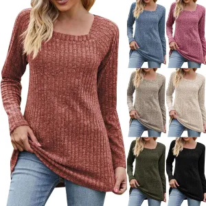 Womens Autumn Sweaters Solid Color Fashion Square Neck Long Sleeve Ribbed Knit Pullover Tops Loose Outdoor Sweatshirts