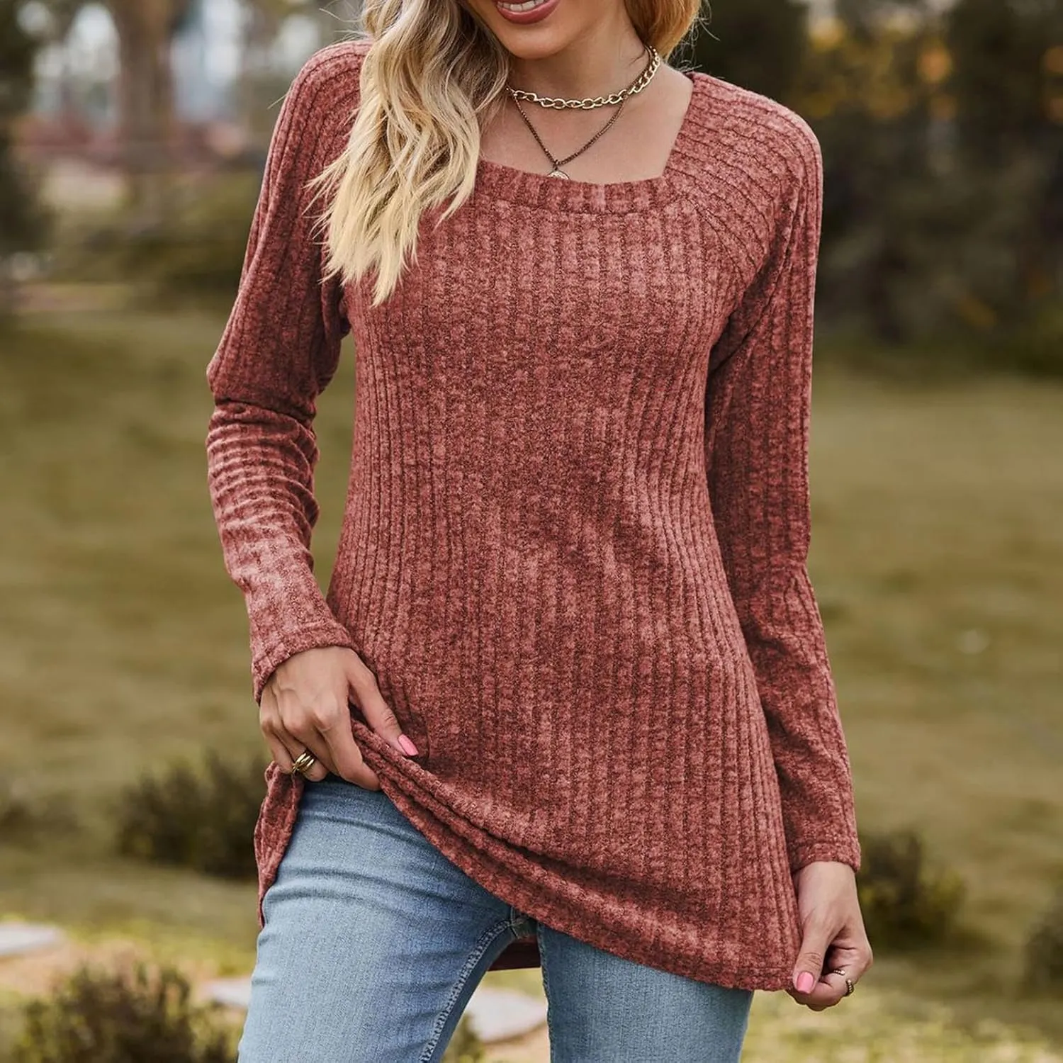 Womens Autumn Sweaters Solid Color Fashion Square Neck Long Sleeve Ribbed Knit Pullover Tops Loose Outdoor Sweatshirts