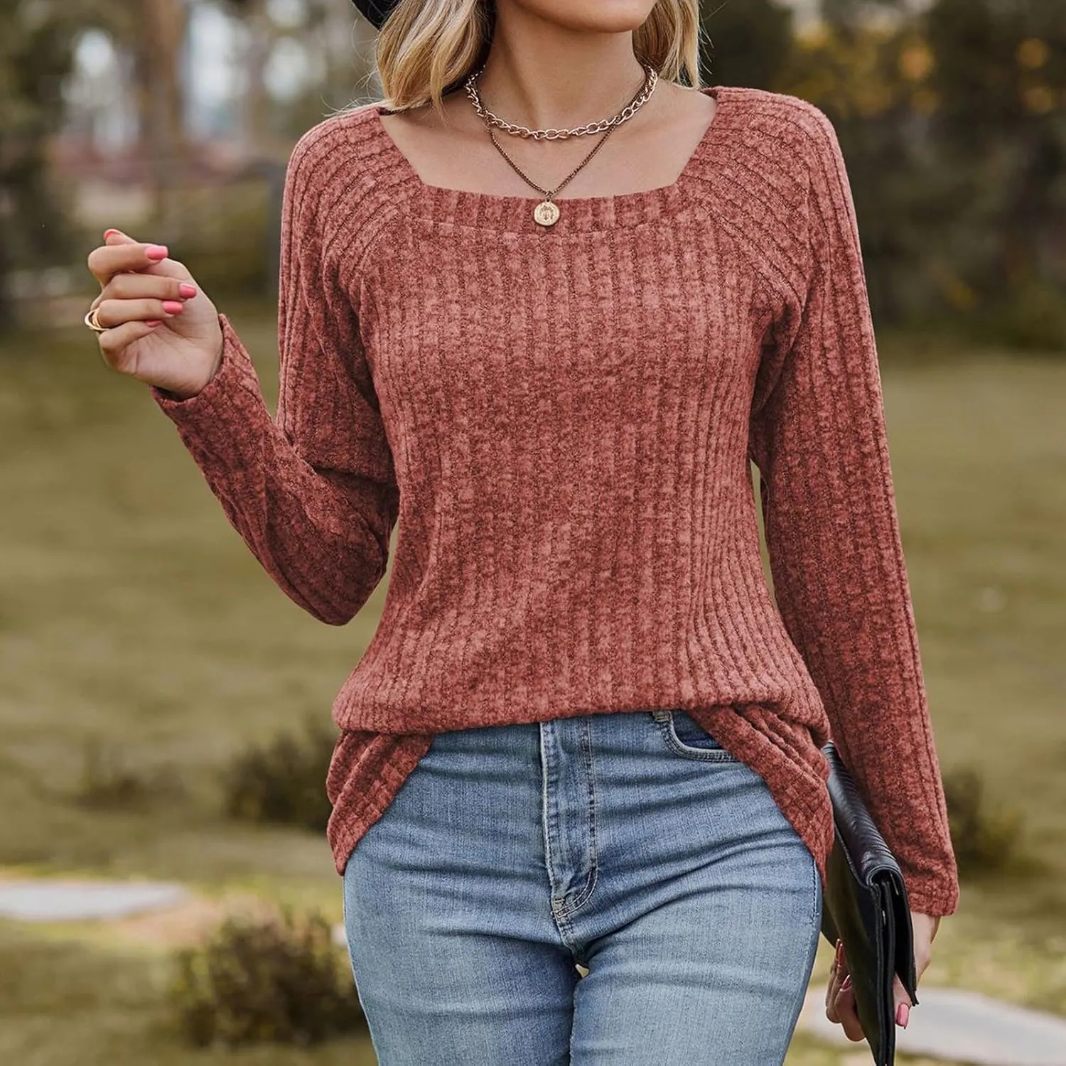 Womens Autumn Sweaters Solid Color Fashion Square Neck Long Sleeve Ribbed Knit Pullover Tops Loose Outdoor Sweatshirts