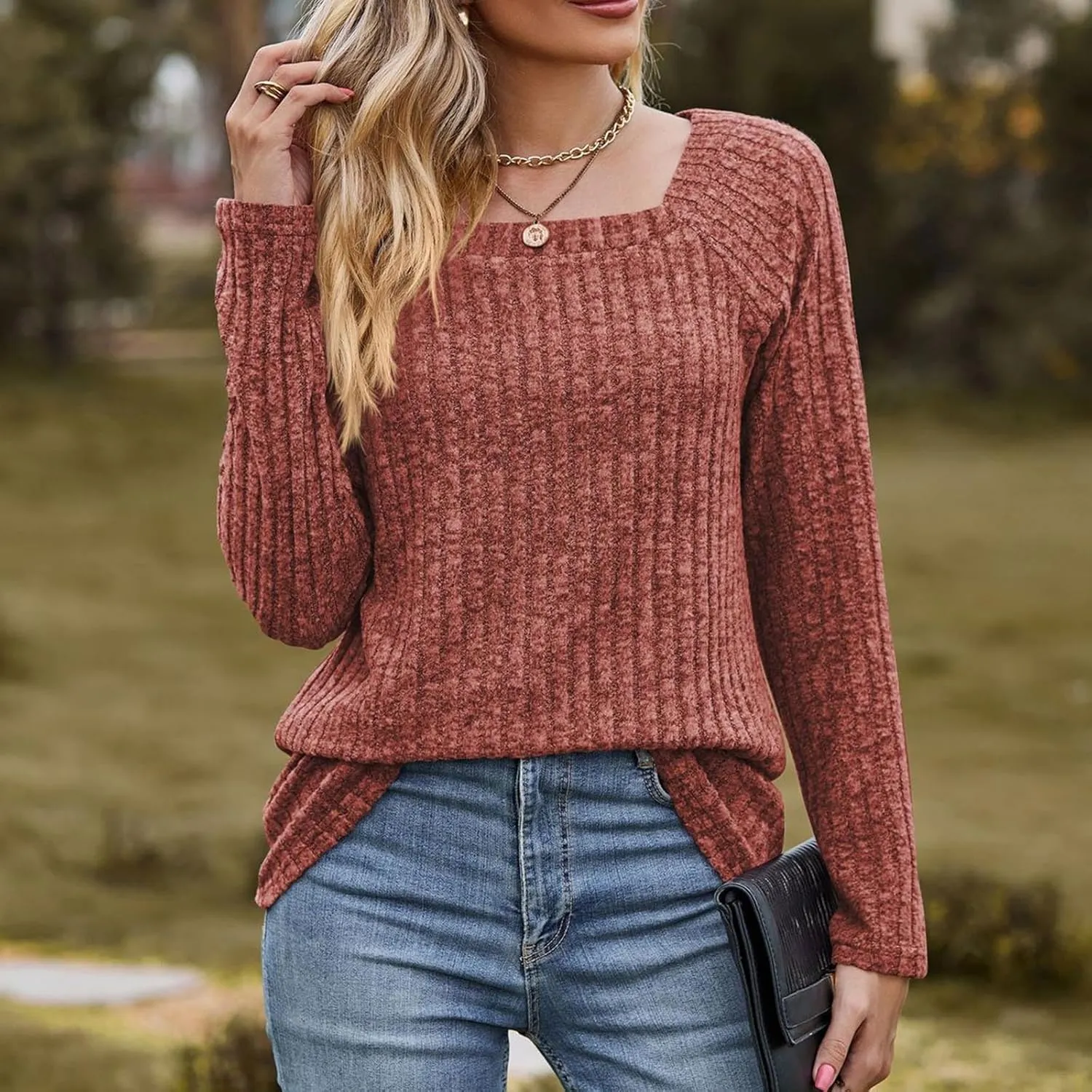 Womens Autumn Sweaters Solid Color Fashion Square Neck Long Sleeve Ribbed Knit Pullover Tops Loose Outdoor Sweatshirts