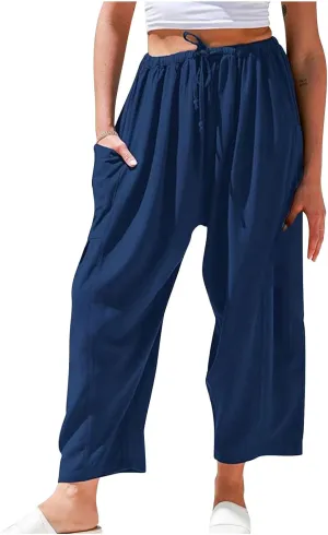 Women's Baggy Pants Drawstring Harem Pants Loose Fit Boho Pants Trendy Casual Pants with Pockets Comfy Travel Pants