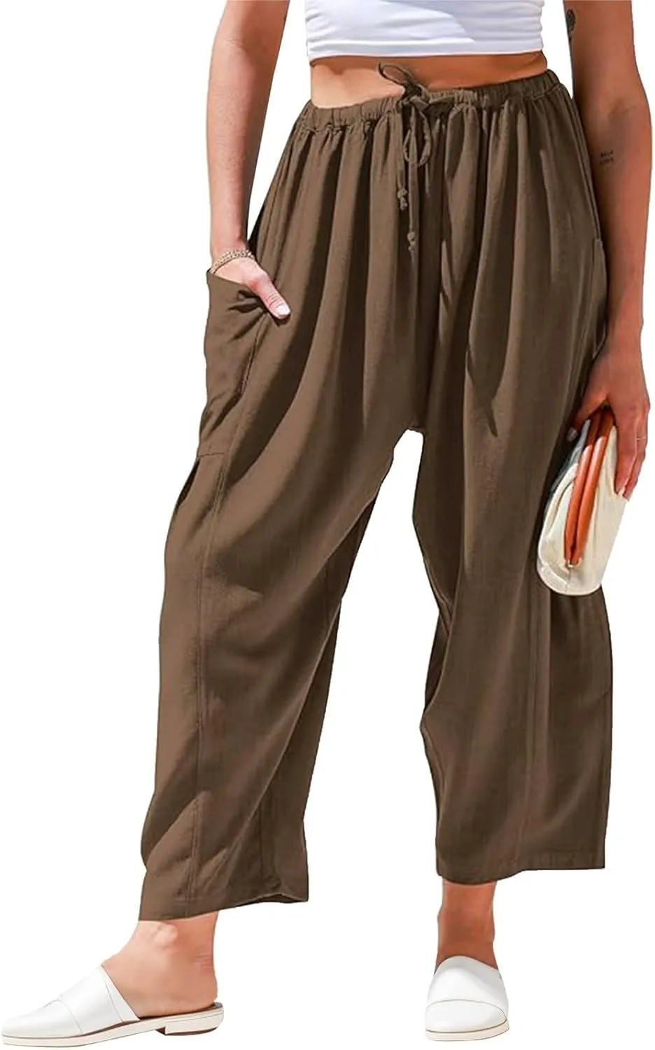 Women's Baggy Pants Drawstring Harem Pants Loose Fit Boho Pants Trendy Casual Pants with Pockets Comfy Travel Pants